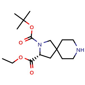 Chemical structure of 2-(tert-butyl) 3-ethyl (R)-2,8-diazaspiro[4.5]decane-2,3-dicarboxylate , CAS 2306249-43-2, AChemBlock Q56080