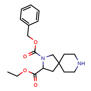 Chemical structure of 2-benzyl 3-ethyl 2,8-diazaspiro[4.5]decane-2,3-dicarboxylate , CAS 1676006-33-9, AChemBlock Q56081