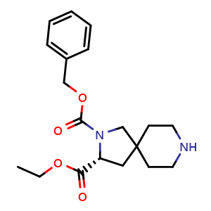 Chemical structure of 2-benzyl 3-ethyl (R)-2,8-diazaspiro[4.5]decane-2,3-dicarboxylate , CAS 2306255-08-1, AChemBlock Q56083