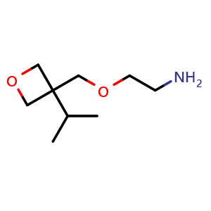 Chemical structure of 2-((3-isopropyloxetan-3-yl)methoxy)ethan-1-amine , CAS 1784150-00-0, AChemBlock Q56163