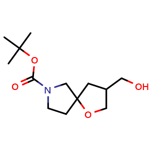 Chemical structure of tert-butyl 3-(hydroxymethyl)-1-oxa-7-azaspiro[4.4]nonane-7-carboxylate , CAS 1341036-69-8, AChemBlock Q56221