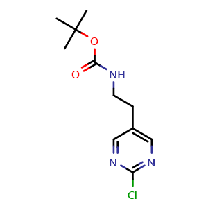 Chemical structure of tert-butyl (2-chloro-2-(pyrimidin-5-yl)ethyl)carbamate , CAS 1638765-31-7, AChemBlock Q56236