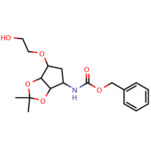 Chemical structure of benzyl (6-(2-hydroxyethoxy)-2,2-dimethyltetrahydro-4H-cyclopenta[d][1,3]dioxol-4-yl)carbamate , CAS 1822469-59-9, AChemBlock Q56252