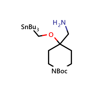 Chemical structure of tert-butyl 4-(aminomethyl)-4-((tributylstannyl)methoxy)piperidine-1-carboxylate , CAS 1688652-68-7, AChemBlock Q56259