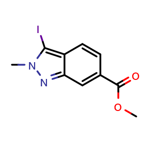 Chemical structure of methyl 3-iodo-2-methyl-2H-indazole-6-carboxylate , CAS 1363382-86-8, AChemBlock Q56269