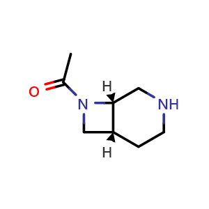 Chemical structure of rel-1-((1R,6S)-3,8-diazabicyclo[4.2.0]octan-8-yl)ethan-1-one , CAS 1268520-07-5, AChemBlock Q56390