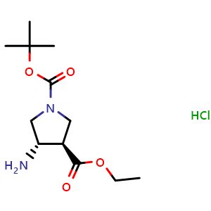Chemical structure of 1-(tert-butyl) 3-ethyl (3R,4S)-4-aminopyrrolidine-1,3-dicarboxylate hydrochloride , CAS 1262849-90-0, AChemBlock Q56457
