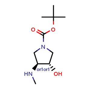 Chemical structure of tert-butyl trans-3-hydroxy-4-(methylamino)pyrrolidine-1-carboxylate , CAS 203503-49-5, AChemBlock Q56487