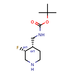 Chemical structure of tert-butyl N-[[cis-3-fluoro-4-piperidyl]methyl]carbamate , CAS 1408076-00-5, AChemBlock Q56490