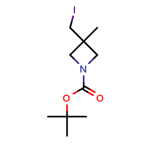 Chemical structure of tert-butyl 3-(iodomethyl)-3-methylazetidine-1-carboxylate , CAS 1408074-76-9, AChemBlock Q56524