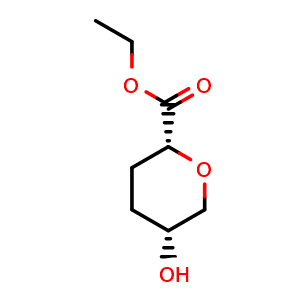 Chemical structure of ethyl (2R,5R)-5-hydroxytetrahydro-2H-pyran-2-carboxylate , CAS 100514-02-1, AChemBlock Q56529