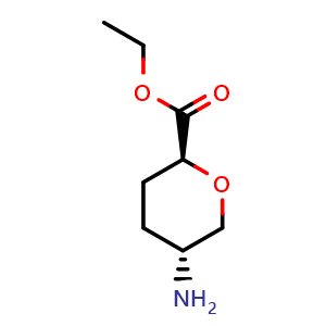 Chemical structure of ethyl (2S,5R)-5-aminotetrahydro-2H-pyran-2-carboxylate , CAS 146689-73-8, AChemBlock Q56530