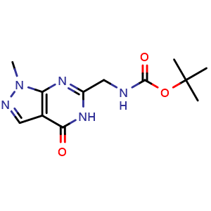 Chemical structure of tert-butyl ((1-methyl-4-oxo-4,5-dihydro-1H-pyrazolo[3,4-d]pyrimidin-6-yl)methyl)carbamate , CAS 1015856-23-1, AChemBlock Q56539