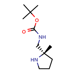 Chemical structure of tert-butyl (S)-((2-methylpyrrolidin-2-yl)methyl)carbamate , CAS 1408002-84-5, AChemBlock Q56555