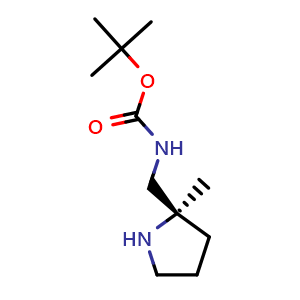 Chemical structure of tert-butyl (R)-((2-methylpyrrolidin-2-yl)methyl)carbamate , CAS 1408002-82-3, AChemBlock Q56565