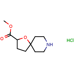 Chemical structure of methyl 1-oxa-8-azaspiro[4.5]decane-2-carboxylate hydrochloride , CAS 1392804-61-3, AChemBlock Q56584