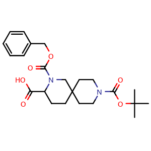 Chemical structure of 2-((benzyloxy)carbonyl)-9-(tert-butoxycarbonyl)-2,9-diazaspiro[5.5]undecane-3-carboxylic acid , CAS 1250992-79-0, AChemBlock Q56592
