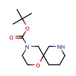 Chemical structure of tert-butyl 1-oxa-4,8-diazaspiro[5.5]undecane-4-carboxylate , CAS 1160247-06-2, AChemBlock Q56595