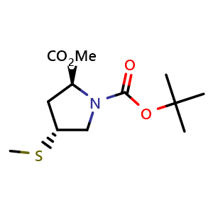 Chemical structure of 1-(tert-butyl) 2-methyl (2S,4R)-4-(methylthio)pyrrolidine-1,2-dicarboxylate , CAS 1252640-75-7, AChemBlock Q56607