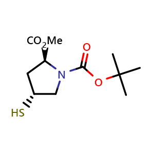 Chemical structure of 1-(tert-butyl) 2-methyl (2S,4R)-4-mercaptopyrrolidine-1,2-dicarboxylate , CAS 1252640-74-6, AChemBlock Q56608
