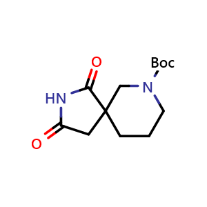 Chemical structure of tert-butyl 1,3-dioxo-2,7-diazaspiro[4.5]decane-7-carboxylate , CAS 1160246-76-3, AChemBlock Q56630