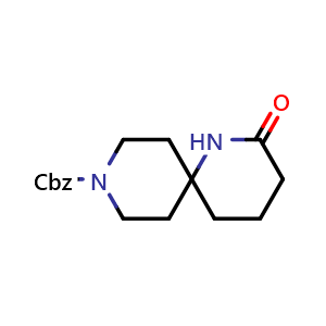 Chemical structure of benzyl 2-oxo-1,9-diazaspiro[5.5]undecane-9-carboxylate , CAS 1160246-77-4, AChemBlock Q56631