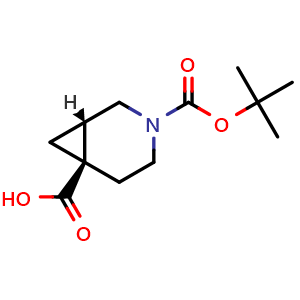 Chemical structure of Rel-(1S,6R)-3-(tert-butoxycarbonyl)-3-azabicyclo[4.1.0]heptane-6-carboxylic acid , CAS 1251012-36-8, AChemBlock Q56656
