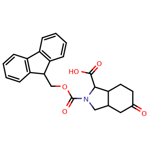 Chemical structure of 2-(((9H-fluoren-9-yl)methoxy)carbonyl)-5-oxooctahydro-1H-isoindole-1-carboxylic acid , CAS 1403766-50-6, AChemBlock Q56690