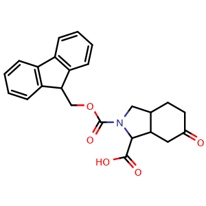 Chemical structure of 2-(((9H-fluoren-9-yl)methoxy)carbonyl)-6-oxooctahydro-1H-isoindole-1-carboxylic acid , CAS 1403766-55-1, AChemBlock Q56691
