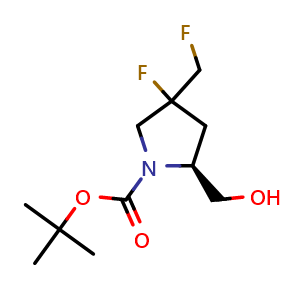 Chemical structure of tert-butyl (2S)-4-fluoro-4-(fluoromethyl)-2-(hydroxymethyl)pyrrolidine-1-carboxylate , CAS 2166500-30-5, AChemBlock Q56740