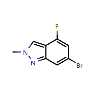Chemical structure of 6-bromo-4-fluoro-2-methyl-2H-indazole , CAS 2092036-32-1, AChemBlock Q56742