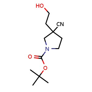 Chemical structure of tert-butyl 3-cyano-3-(2-hydroxyethyl)pyrrolidine-1-carboxylate , CAS 1648864-58-7, AChemBlock Q56766