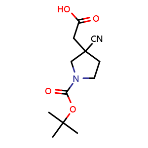 Chemical structure of 2-(1-(tert-butoxycarbonyl)-3-cyanopyrrolidin-3-yl)acetic acid , CAS 1648864-60-1, AChemBlock Q56767