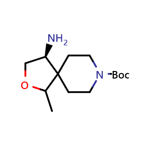 Chemical structure of tert-butyl (4S)-4-amino-1-methyl-2-oxa-8-azaspiro[4.5]decane-8-carboxylate , CAS 2227202-45-9, AChemBlock Q56813