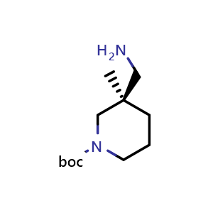 Chemical structure of tert-butyl (R)-3-(aminomethyl)-3-methylpiperidine-1-carboxylate , CAS 2091248-03-0, AChemBlock Q56829