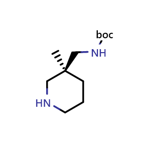 Chemical structure of tert-butyl (S)-((3-methylpiperidin-3-yl)methyl)carbamate , CAS 2165339-30-8, AChemBlock Q56830