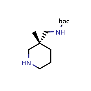 Chemical structure of tert-butyl (R)-((3-methylpiperidin-3-yl)methyl)carbamate , CAS 2165514-42-9, AChemBlock Q56831