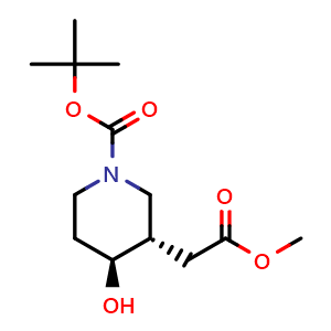 Chemical structure of tert-butyl (3S,4S)-4-hydroxy-3-(2-methoxy-2-oxoethyl)piperidine-1-carboxylate , CAS 2306249-14-7, AChemBlock Q56836