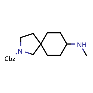 Chemical structure of benzyl 8-(methylamino)-2-azaspiro[4.5]decane-2-carboxylate , CAS 2306272-88-6, AChemBlock Q56842