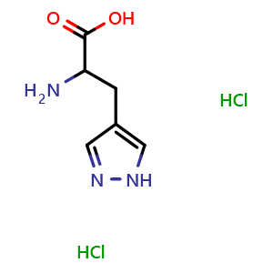 Chemical structure of 2-amino-3-(1H-pyrazol-4-yl)propanoic acid dihydrochloride , CAS 1803566-40-6, AChemBlock Q57382