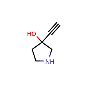 Chemical structure of 3-ethynylpyrrolidin-3-ol , CAS 167406-88-4, AChemBlock Q57407
