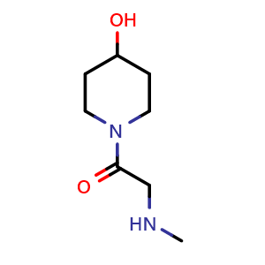 Chemical structure of 1-(4-hydroxypiperidin-1-yl)-2-(methylamino)ethan-1-one , CAS 1016506-29-8, AChemBlock Q57477