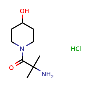 Chemical structure of 2-amino-1-(4-hydroxypiperidin-1-yl)-2-methylpropan-1-one hydrochloride , CAS 1220033-45-3, AChemBlock Q57570