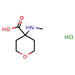 Chemical structure of 4-(methylamino)tetrahydro-2H-pyran-4-carboxylic acid hydrochloride , CAS 1803595-85-8, AChemBlock Q57620