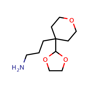 Chemical structure of 3-(4-(1,3-dioxolan-2-yl)tetrahydro-2H-pyran-4-yl)propan-1-amine , CAS 1354951-55-5, AChemBlock Q57623