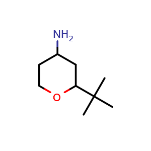 Chemical structure of 2-(tert-butyl)tetrahydro-2H-pyran-4-amine , CAS 1340194-27-5, AChemBlock Q57681