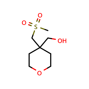 Chemical structure of (4-((methylsulfonyl)methyl)tetrahydro-2H-pyran-4-yl)methanol , CAS 1423034-66-5, AChemBlock Q57684