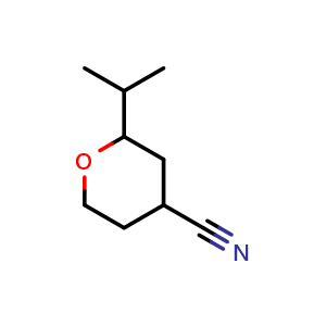 Chemical structure of 2-isopropyltetrahydro-2H-pyran-4-carbonitrile , CAS 84360-50-9, AChemBlock Q57685