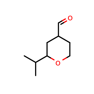 Chemical structure of 2-isopropyltetrahydro-2H-pyran-4-carbaldehyde , CAS 34941-24-7, AChemBlock Q57686