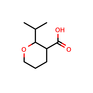 Chemical structure of 2-isopropyltetrahydro-2H-pyran-3-carboxylic acid , CAS 1462238-06-7, AChemBlock Q57836